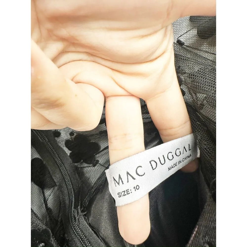 Mac Duggal Black Velvet Flower Embellished Short Sleeve Midi Dress Size 10 New - Image 5