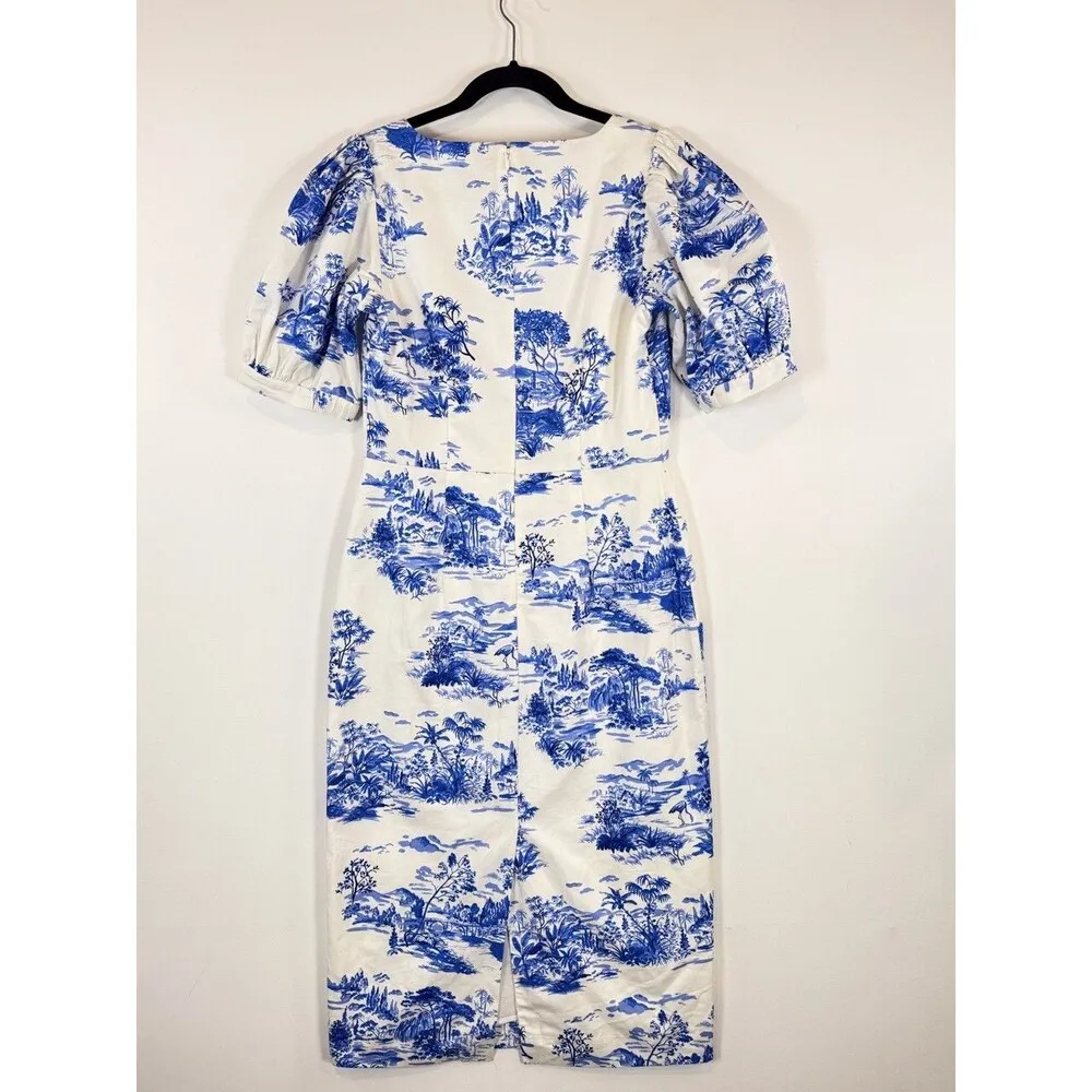 Ann Taylor Dress Blue Toile De Joy Midi Puffed Scoop Neck Linen Sheath Size 0 - Image 11