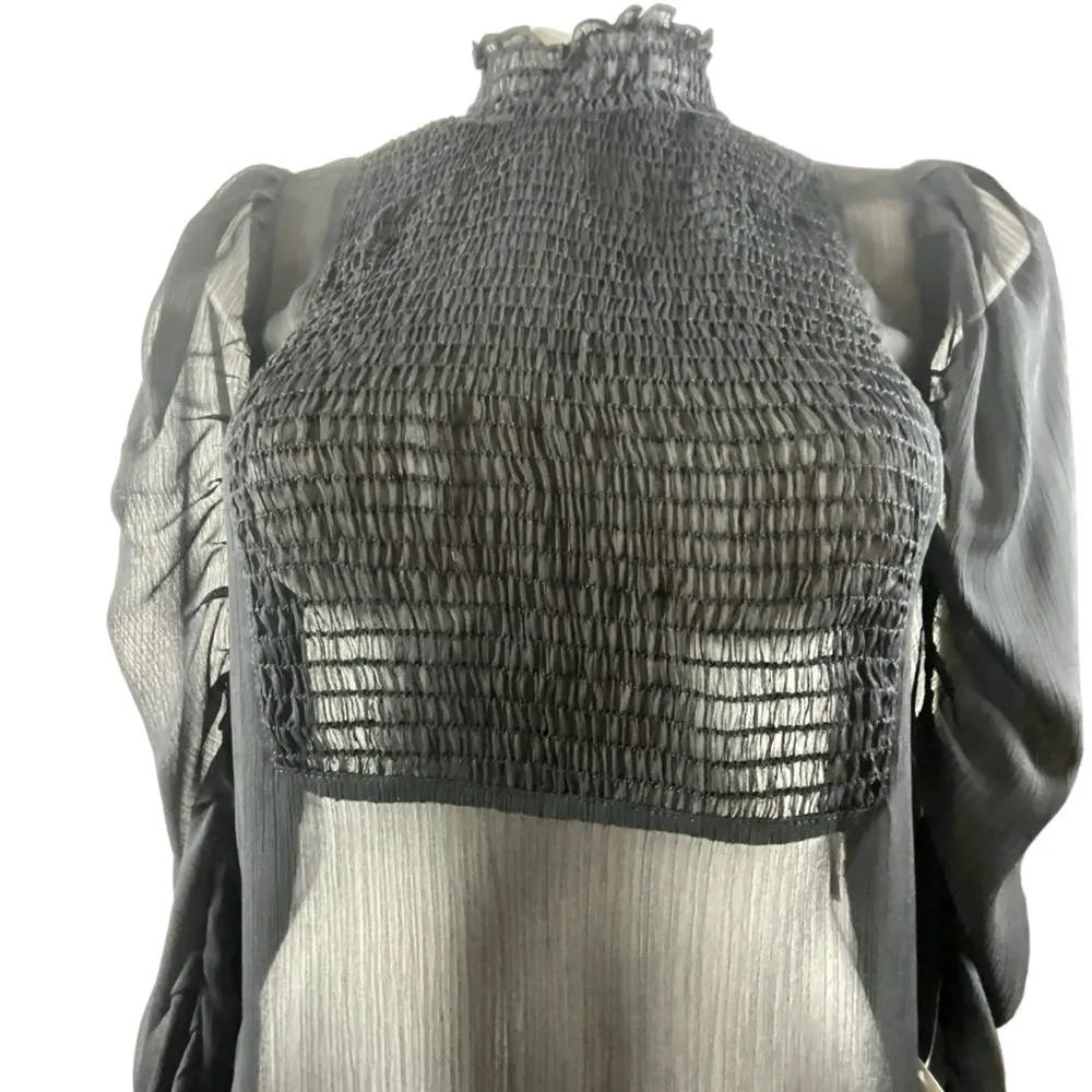 Zara Black Sheer Smocked High Neck Smocked Front Panel Ruched Sleeve Dress - Image 5