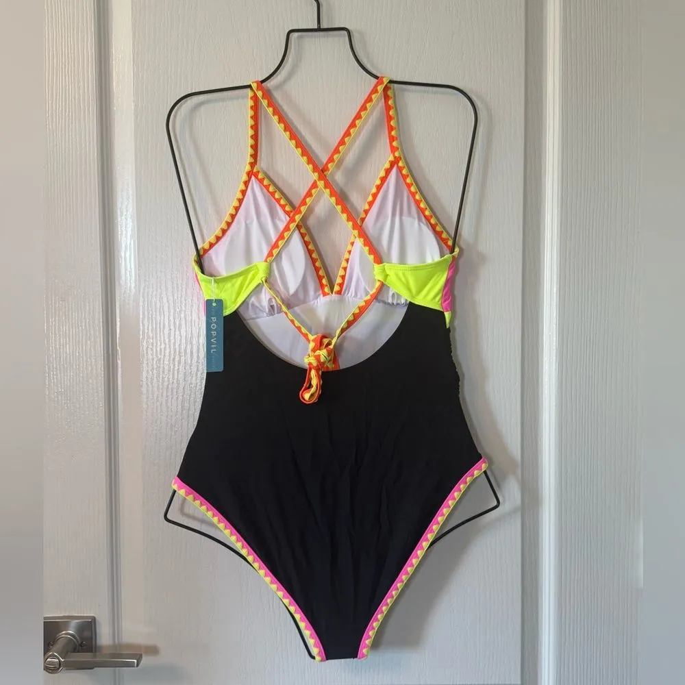 Popvil One Piece Swimsuit Tummy Control Neon Color Block Tie Back Small S NWT Pink - Image 4