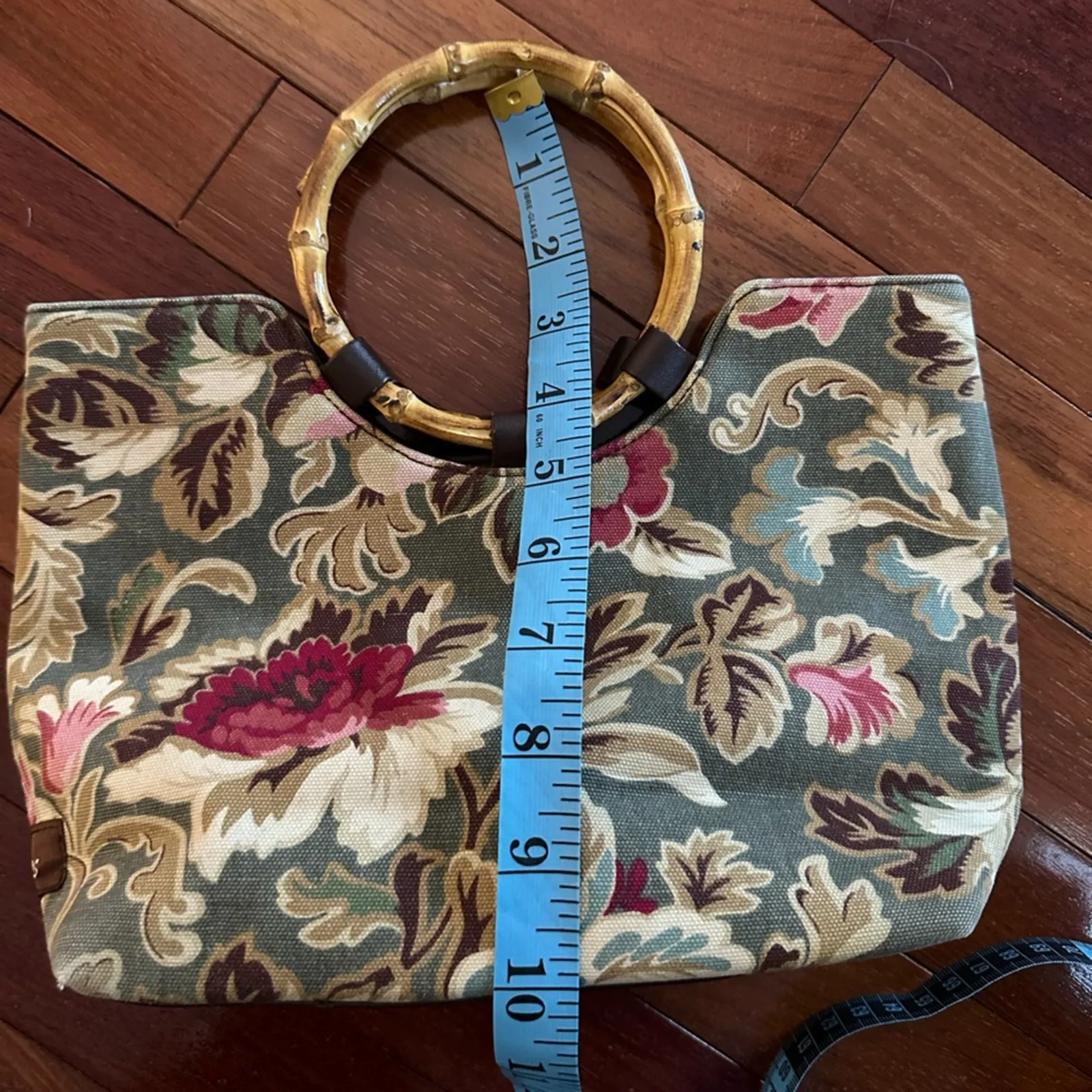 Longaberger Sisters Green Floral Bag Purse Snap Close Bamboo Handle Fall 10x11 - Image 7