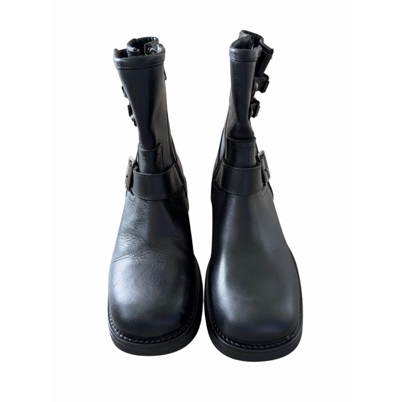 Steve Madden Leather Combat Boots 7 Black Antique Finished Buckles Chunky Sole - Image 5