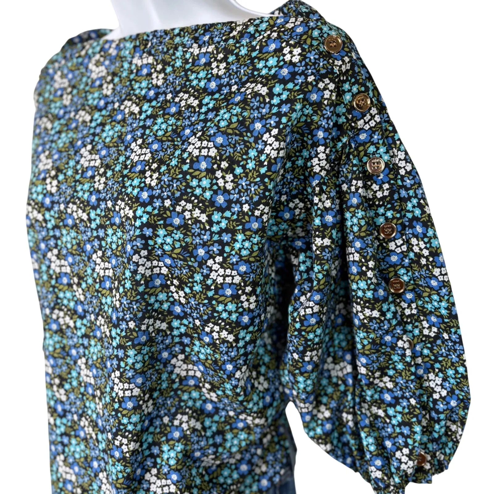 BURU Women XS Blue Floral Print Boat Neck Elbow Sleeve Button Cuff Top Boho Black Size XXS - Image 3