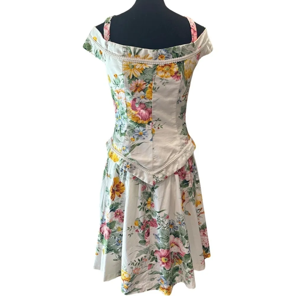 Vintage 80s Floral Party Skirt and Off The Shoulder Top White Size 6 - Image 6