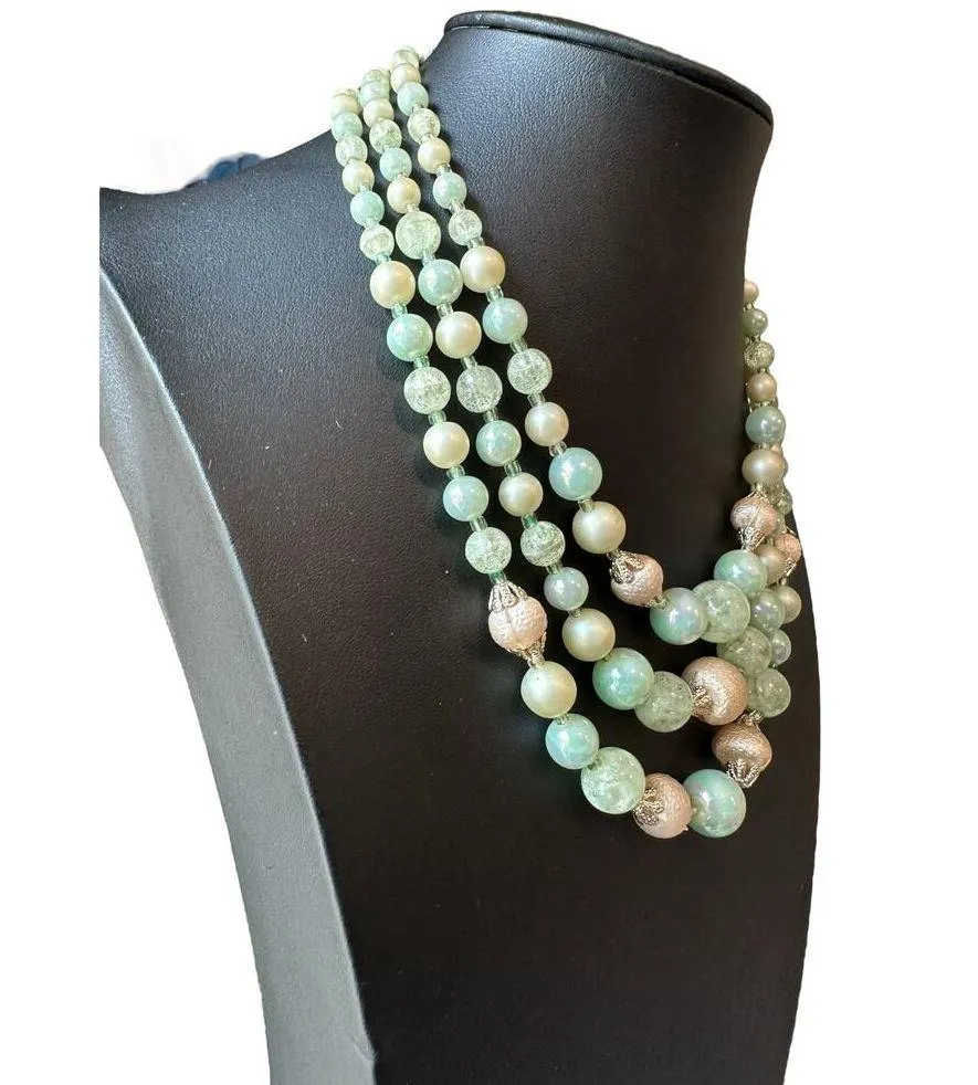 Japan Vintage Triple Layer Mint Green Necklace - Image 3