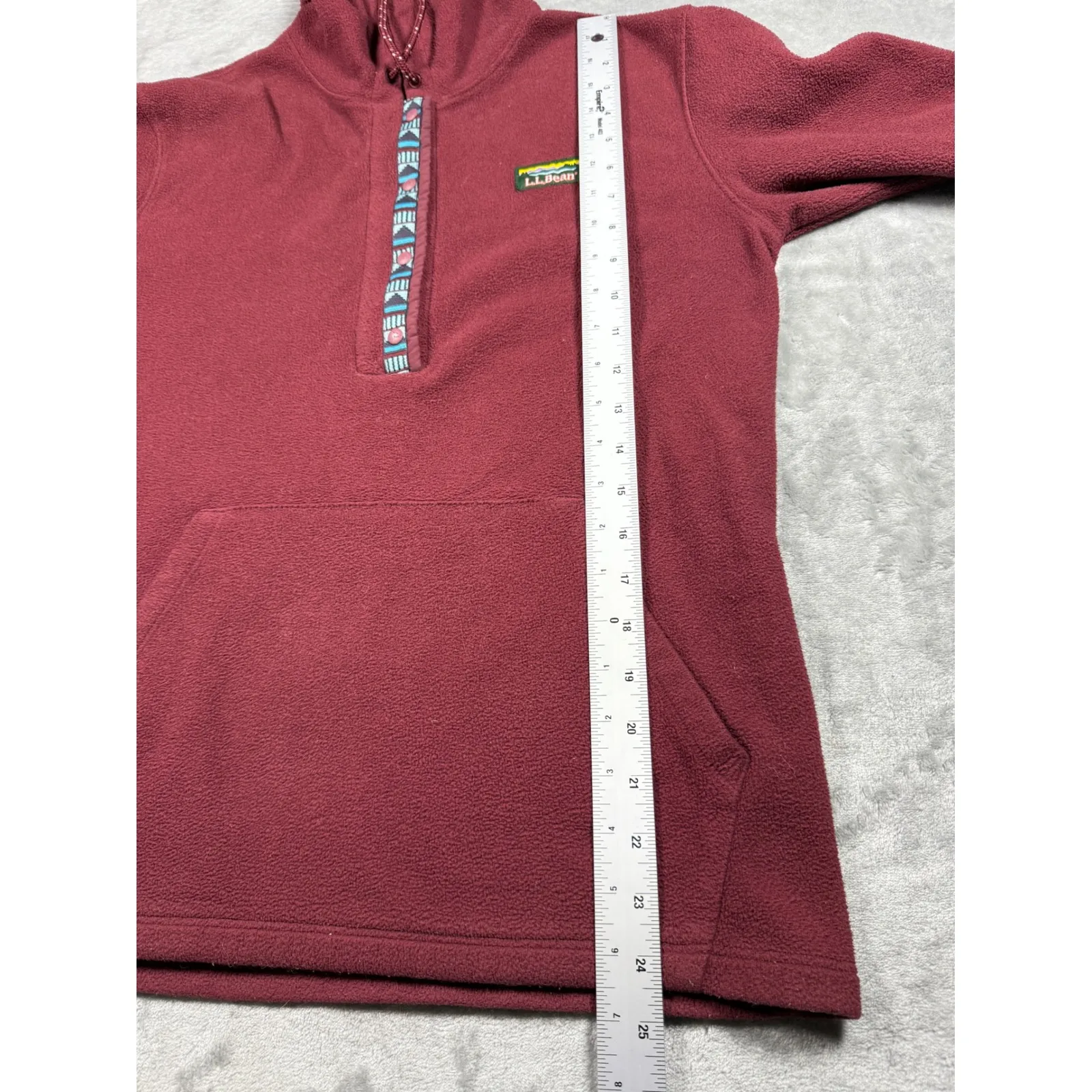 LL Bean‎ Womens Fleece Pullover Hoodie Small Red Aztec Trim 1/4 Snap - Image 10