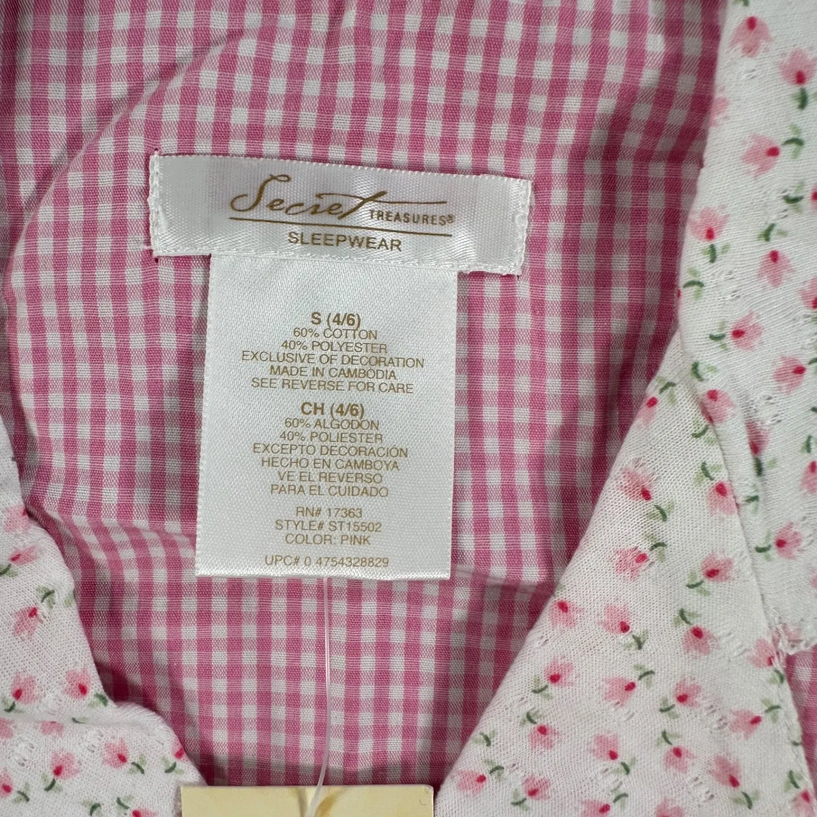 Secret Treasures Gingham Pajama Top Women's Small Pink Cottagecore Sleeveless - Image 4