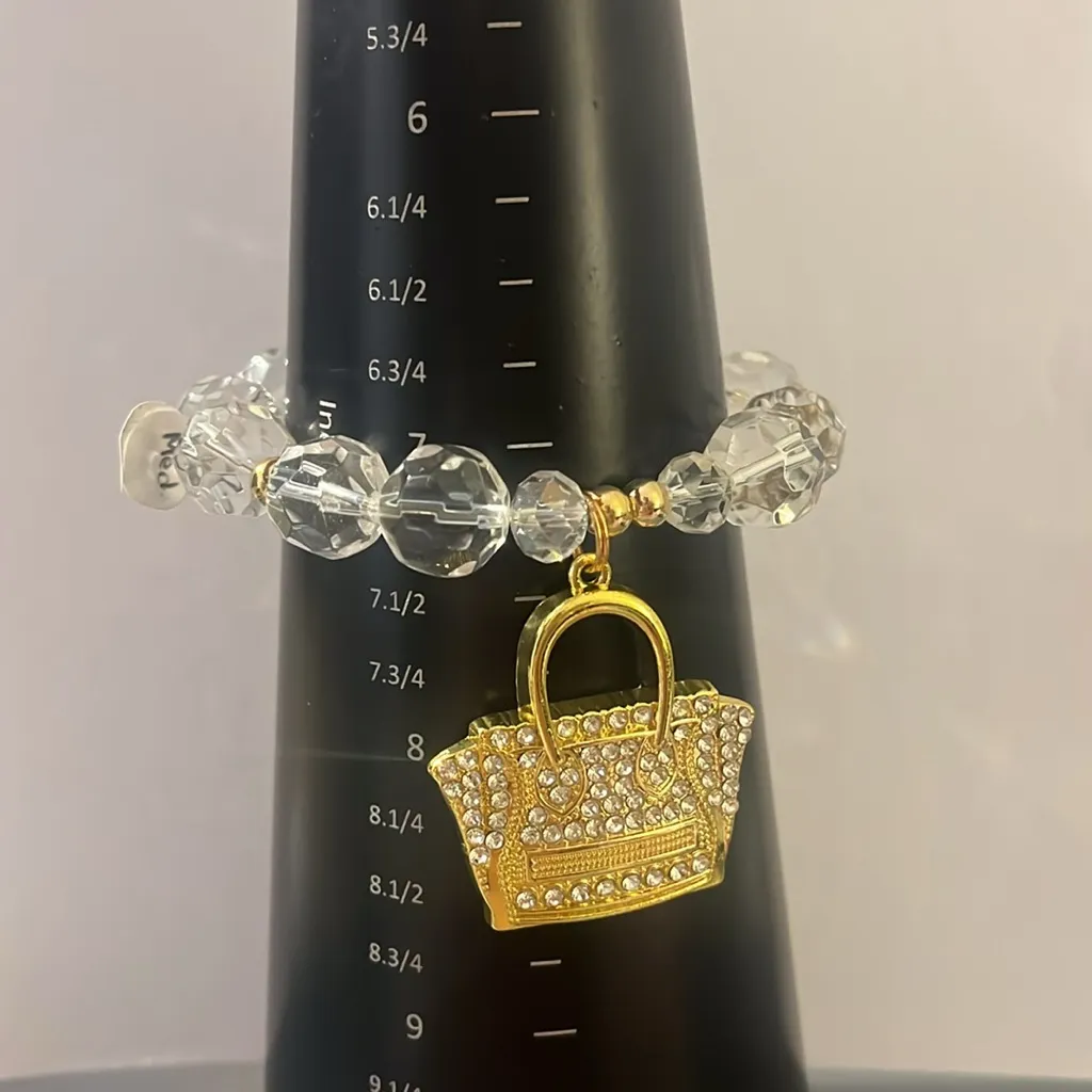 Gold and Clear Beaded Bracelet with Handbag Charm - Image 4