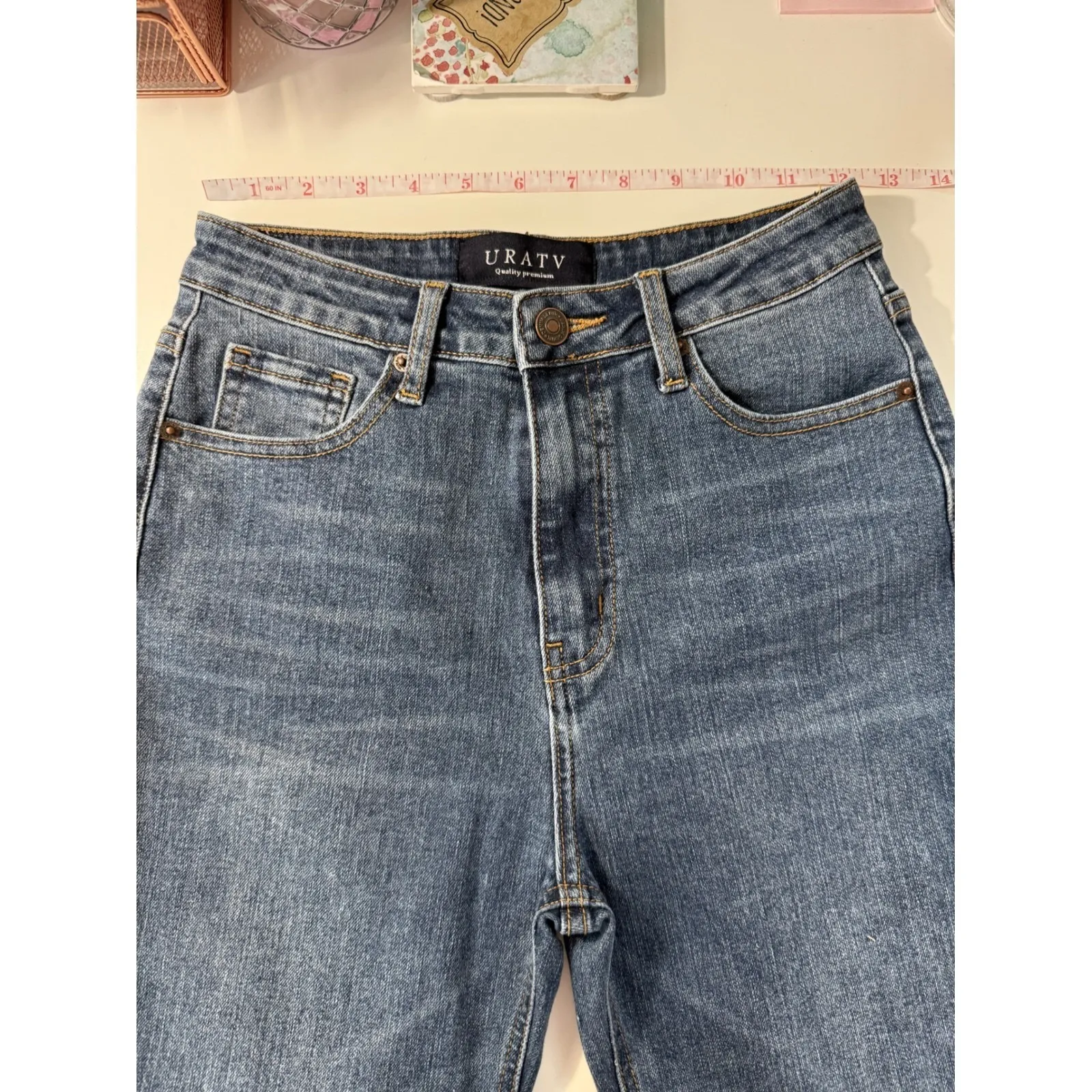 URATV Women's Blue Denim High Waisted Cuffed Straight Leg Jeans Size 28 - Image 6