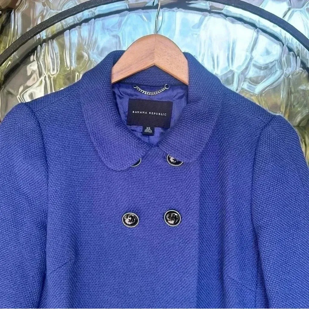 Royal Blue Wool Blend Double-Breasted Coat | 3/4 Sleeve Vintage Style XS - Image 3