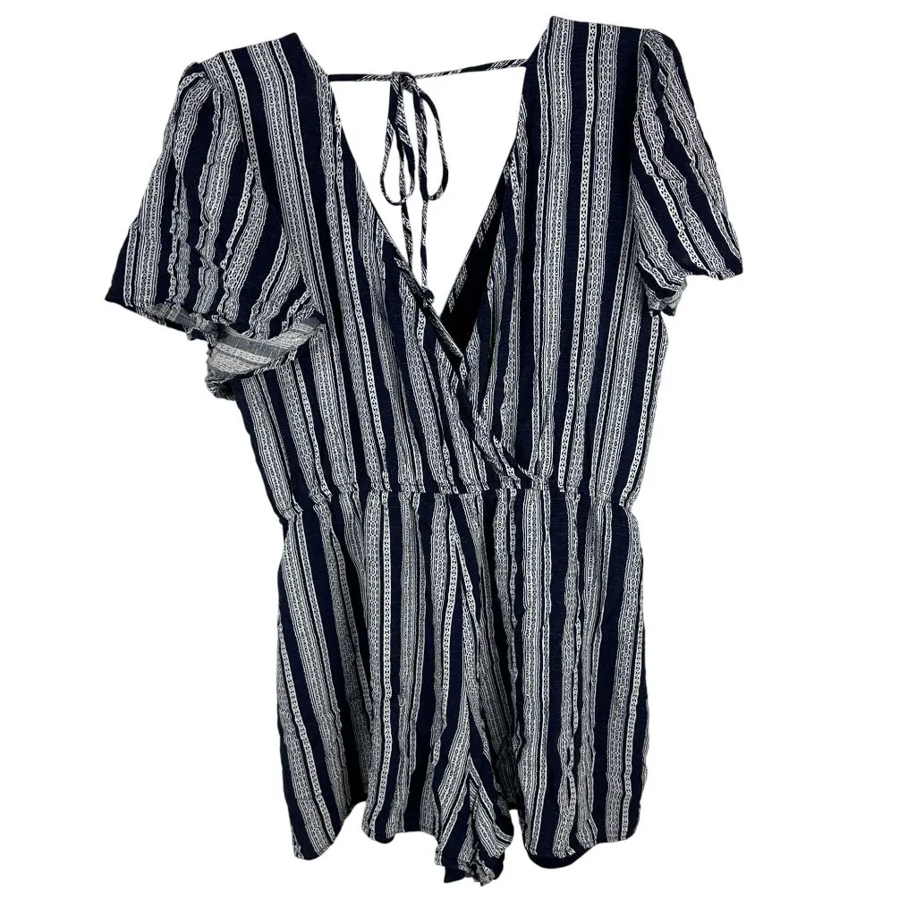 Three Pink Hearts Womens Striped Navy/White Surplice Romper Size L Casual - Image 3