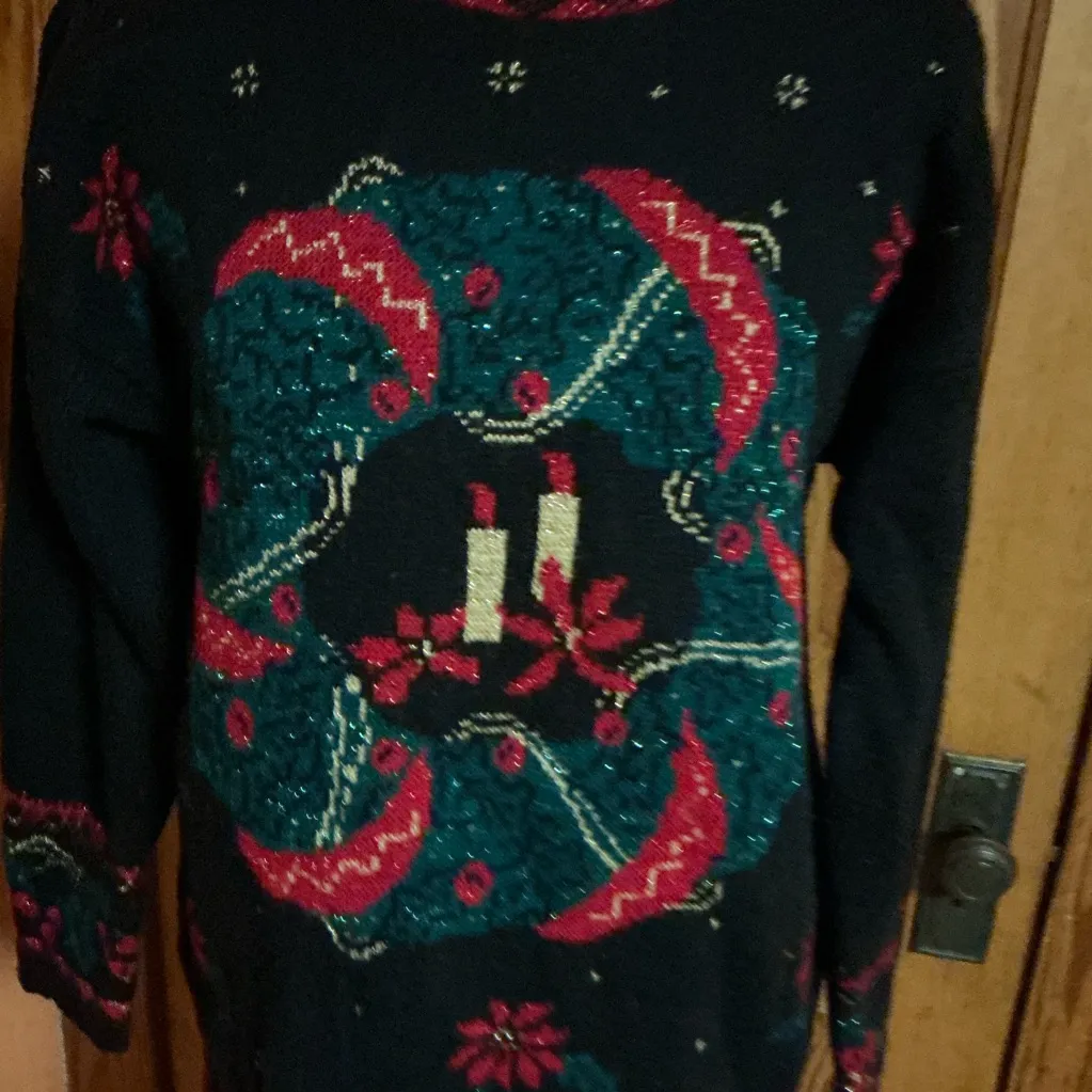 Vtg 90s oversized Christmas Wreath Glittery Sweater Black Size M - Image 6