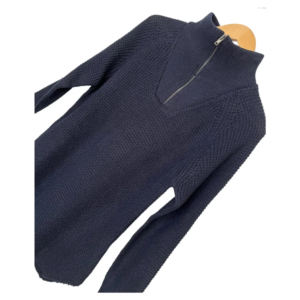New RDI Sweater Womens M Quarter Zip High Neck Long Sleeve Waffle Knit Blue - Image 6