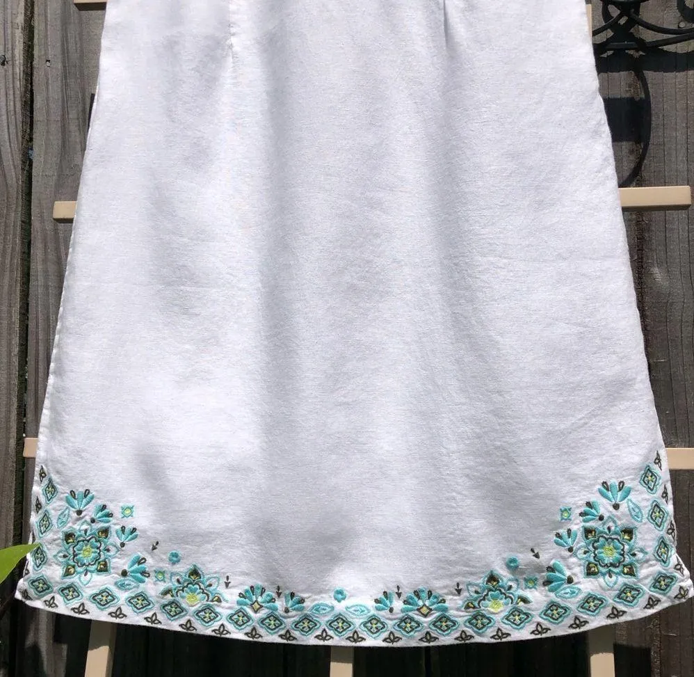 J. Jill White 100% Linen Floral Turquoise Embroidery Sleeveless Dress - M - Image 5