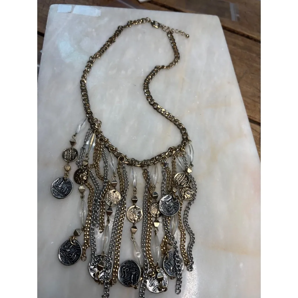 Vintage Gold & Silver Tone Coin Statement Necklace With Clear Beads & Chain Frin - Image 12
