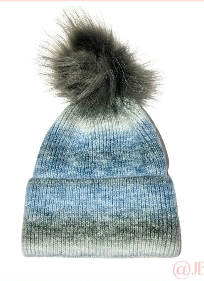 Adrienne Landau Knit Beanie with Faux Fur Pom in Blue - Image 1