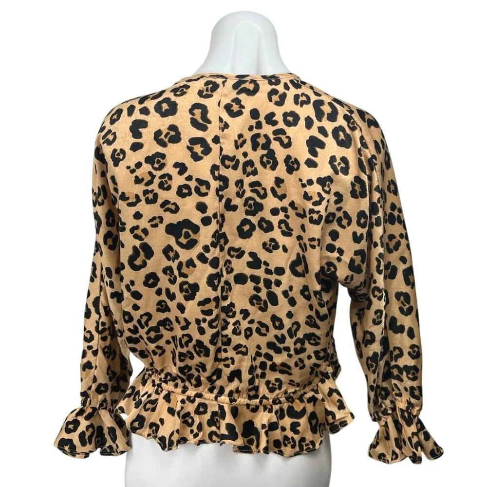 Olivaceous Beige Black Animal Print Leopard Ruffle V Neck Crop Blouse Top Size L - Image 2