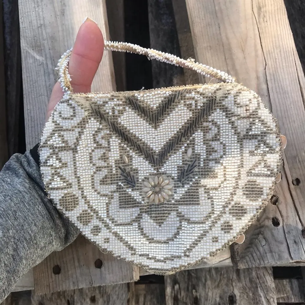 Vintage beaded tiny clutch purse cream gold White - Image 4