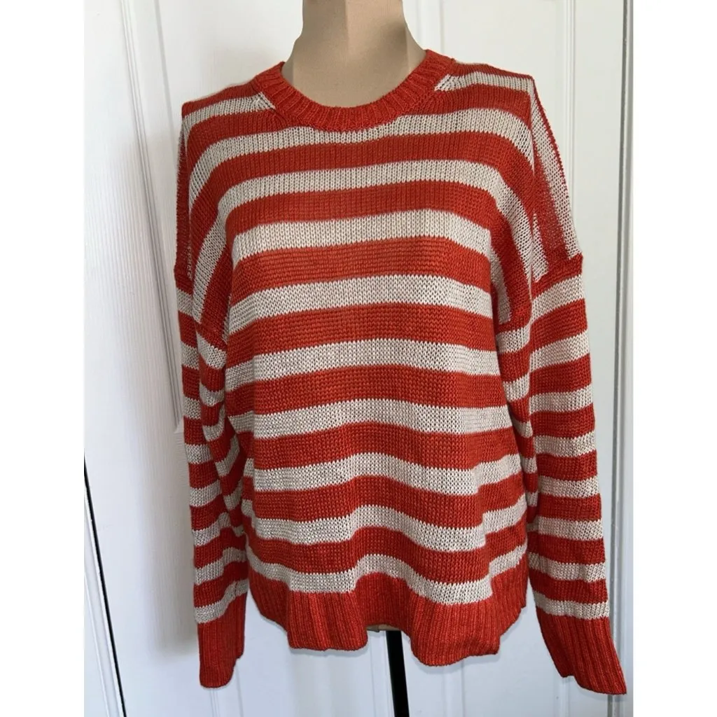Madewell $110 Linen Drop-Shoulder Sweater Bright Flame Stripe Orange/Cream Sz S - Image 8
