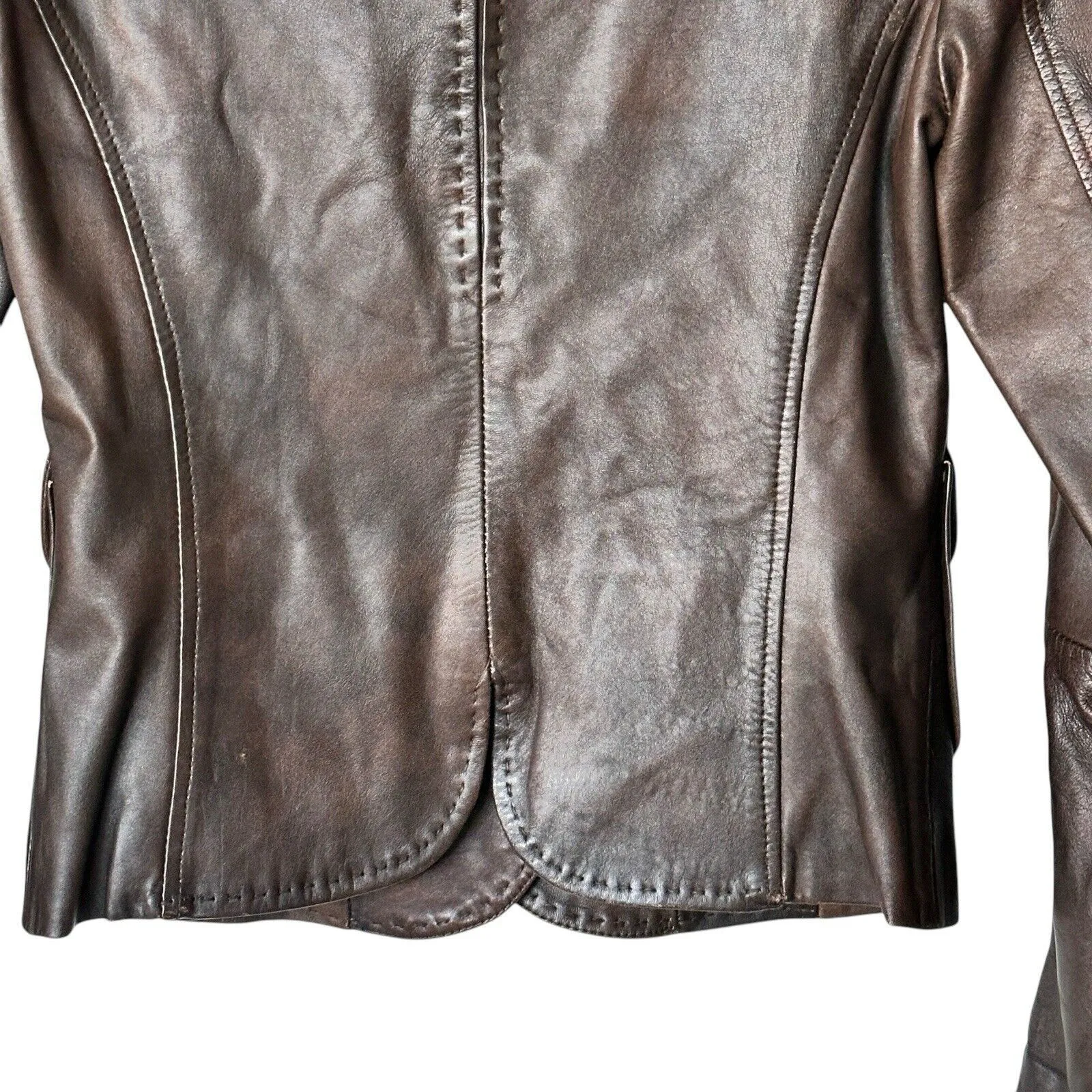 Mango Y2K Brown Leather jacket distressed collared blazer size 4 - Image 8