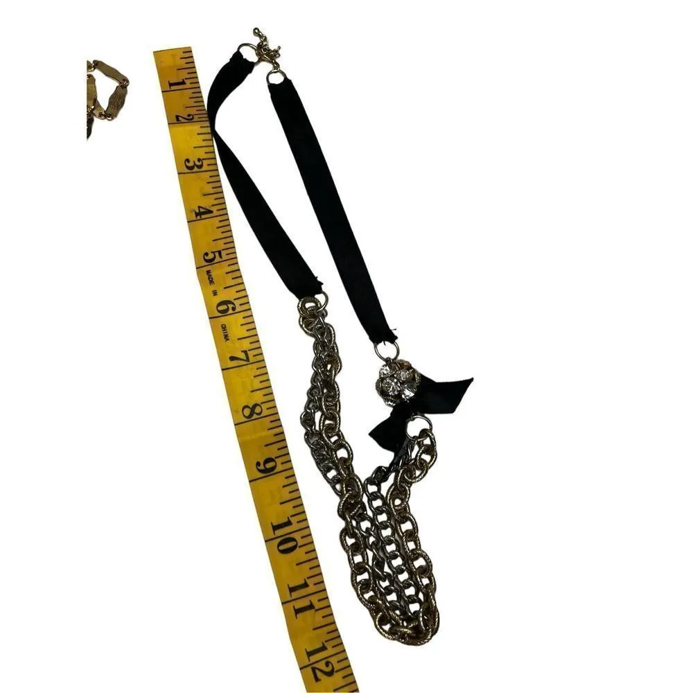 Chunky gold and layered silver chain necklace with black bow and ribbon neckline - Image 5