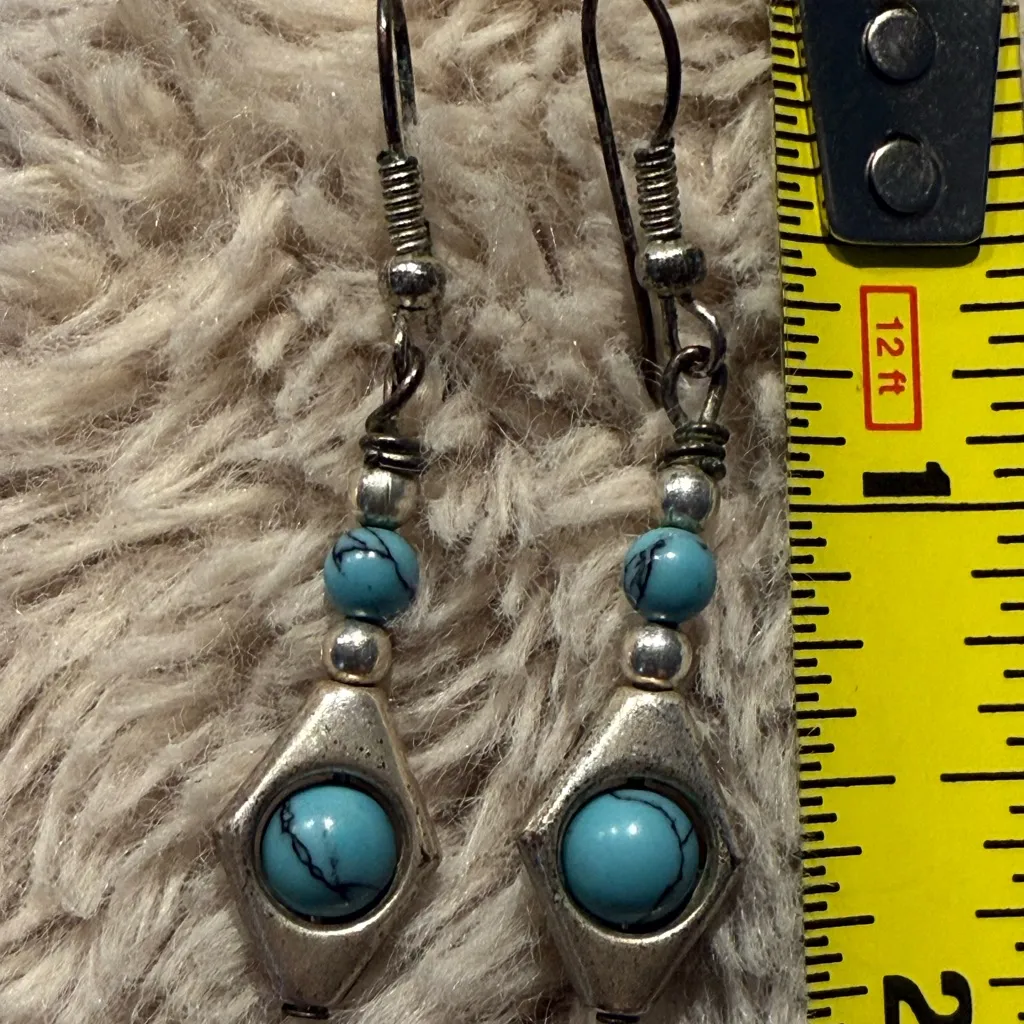 Boho Chic‎ Turquoise Blue Crystals Drop Pierced Earrings Western Navajo Silver - Image 4