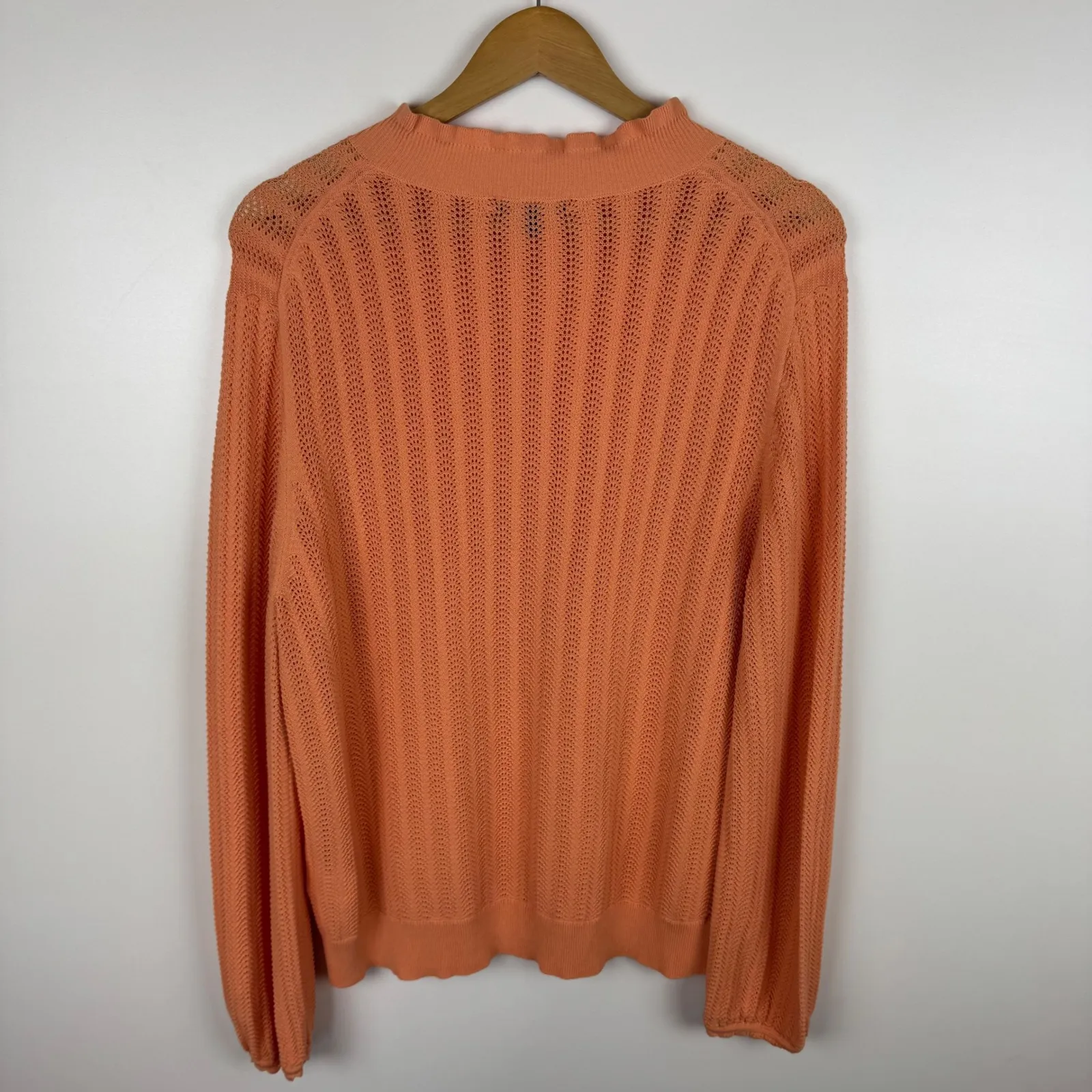 J Crew Cotton‎ Knit Sweater Sz XL Peach Ruffle Mock Neck Long Sleeve Coastal - Image 3