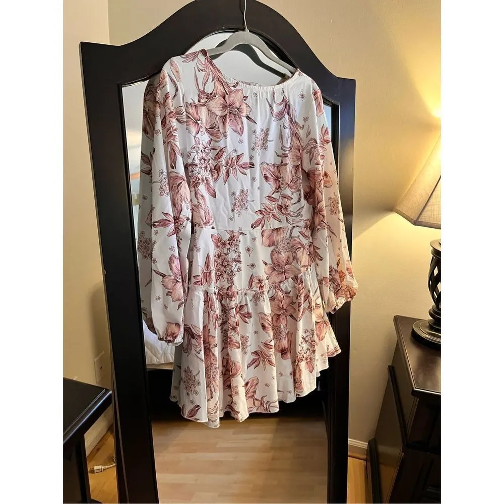 NEW Casual Mini Dress Floral Crew Neck Waist Tie Ruffle Hem S - Image 4