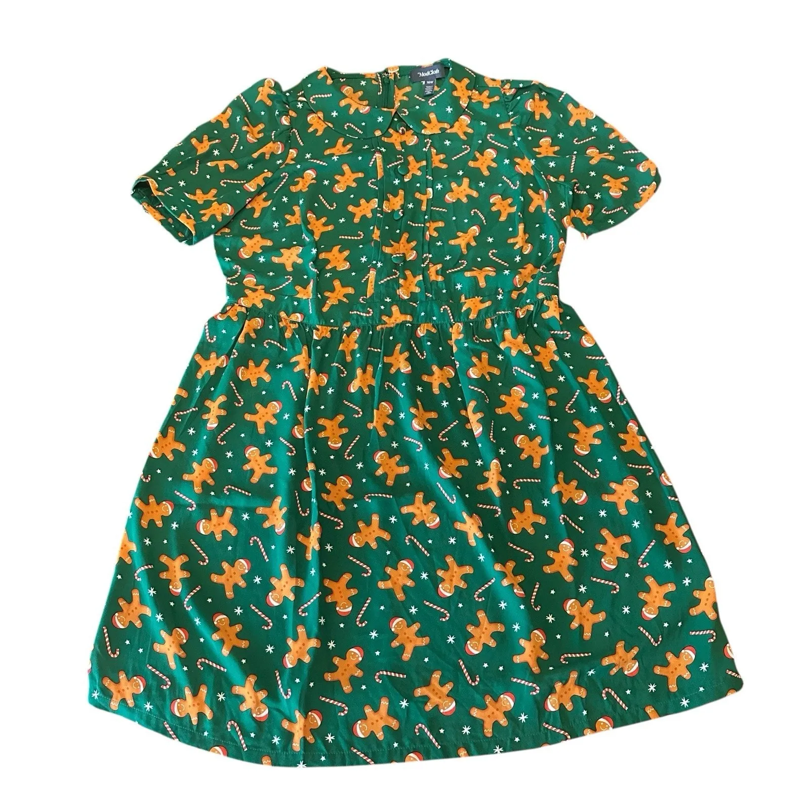 ModCloth Plus Size 16W Gingerbread Candy Cane Print Peter Pan Collar Green Dress - Image 2