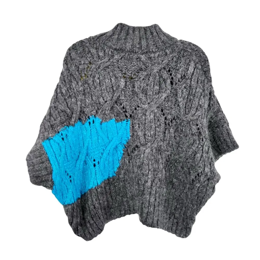 Zara Gray Colorblock Cable Knit Mock Neck Poncho Sweater Size Medium - Image 5