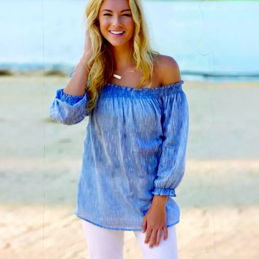 MUD PIE Foster Off The Shoulder Lightweight 3/4 Sleeve Slub Chambray Top Sz S - Image 7