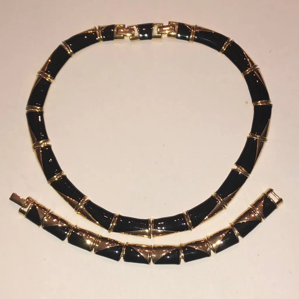 Angel Brand Black and Gold Tone Necklace and Unsigned Bracelet Set - Image 2