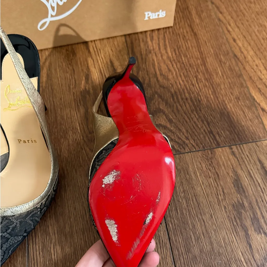 Christian Louboutin Lace Metallic Calfskin Slingback Pumps size 39.5 - Image 10