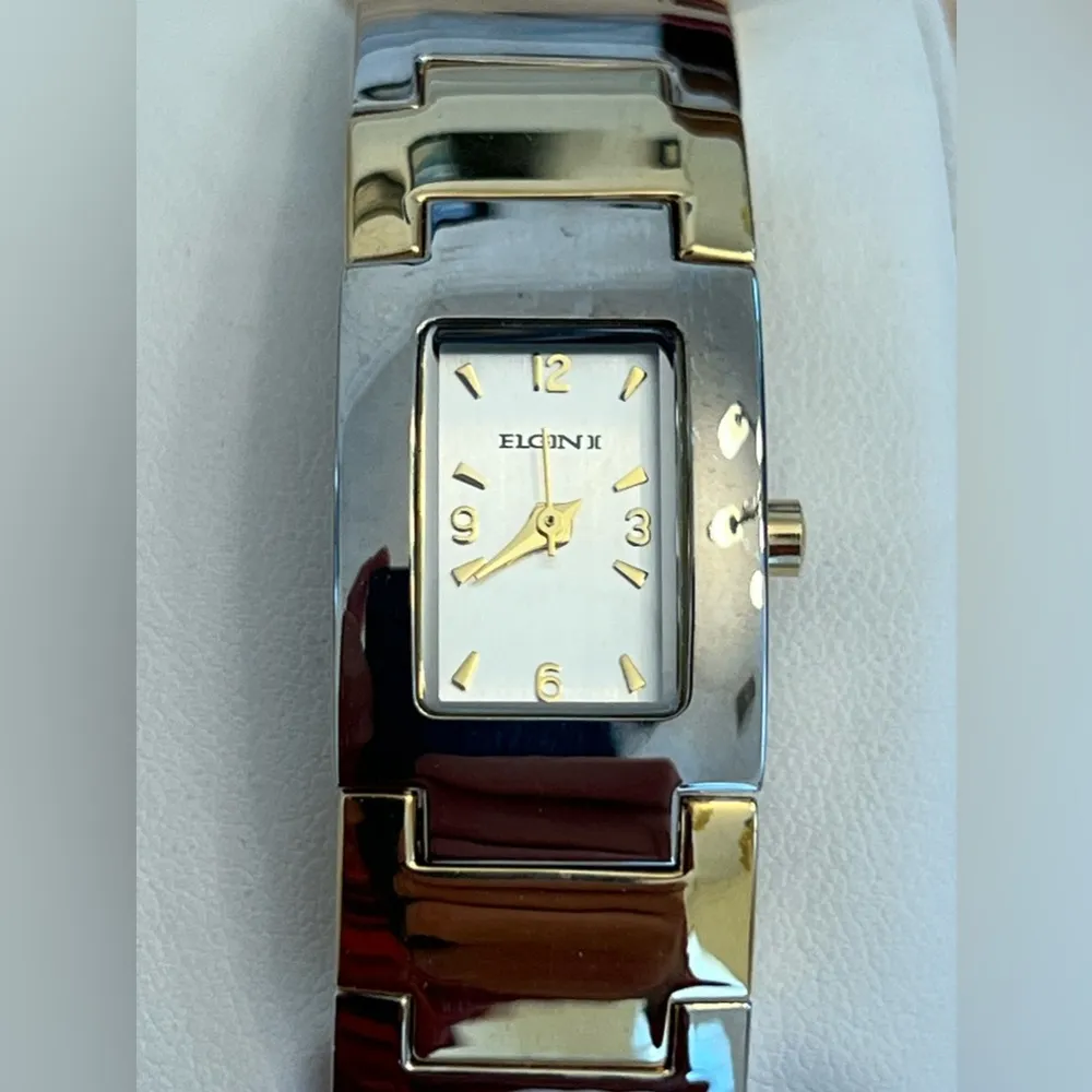 Elgin II Ladies Watch Gold Silver Tone Cuff Bracelet Silver Dial Gorgeous - Image 5
