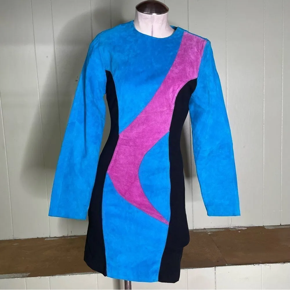 Wilsons 80s 90s suede leather blue pink black‎ long sleeve dress mini medium - Image 2
