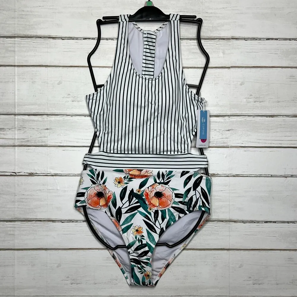 Cupshe Miss You Poppy One Piece Swimsuit Floral Stripe Size Large - Image 2