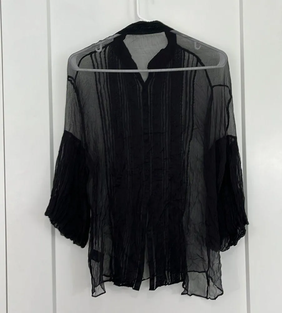 Chaudry KC Medium Black Sheer Button Down Bell Sleeve Blouse - Image 5