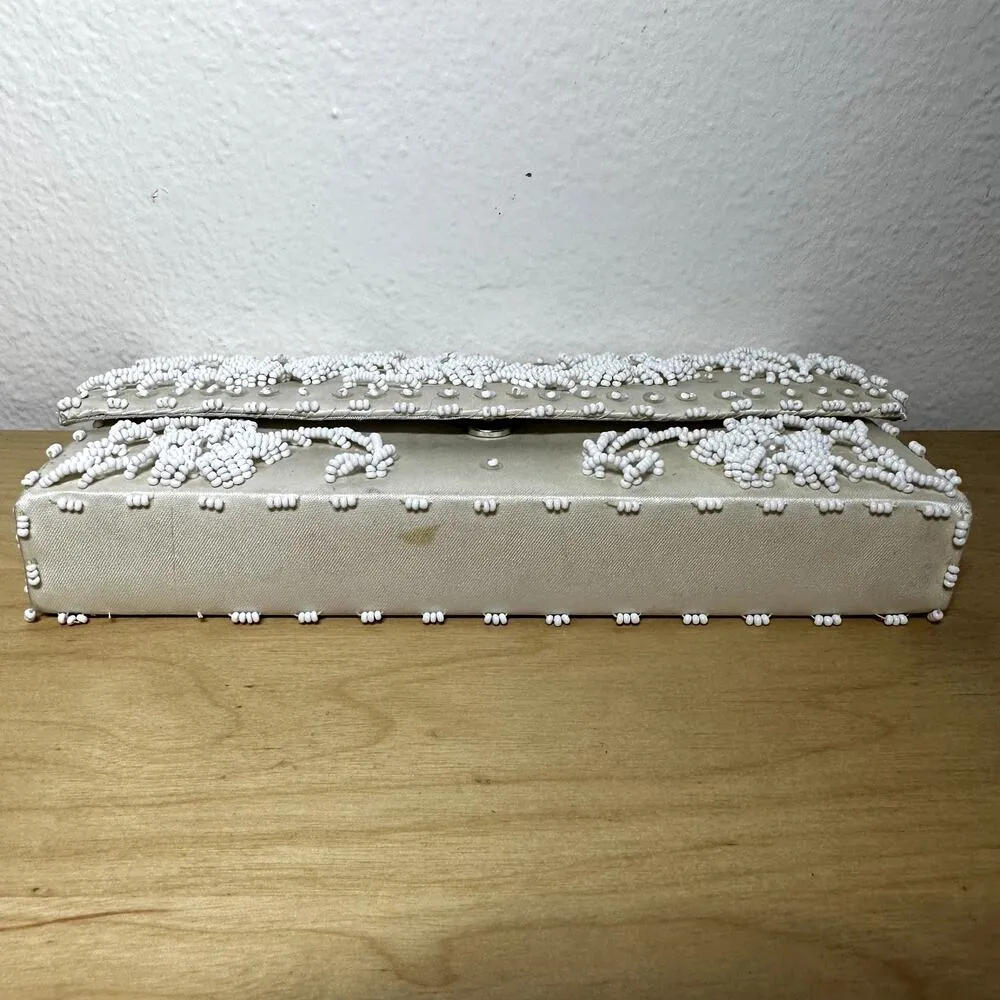 Vintage Jay Dee Clutch 80s Hand Made Beaded Embellished Flowers Zip Pocket Ivory White - Image 7