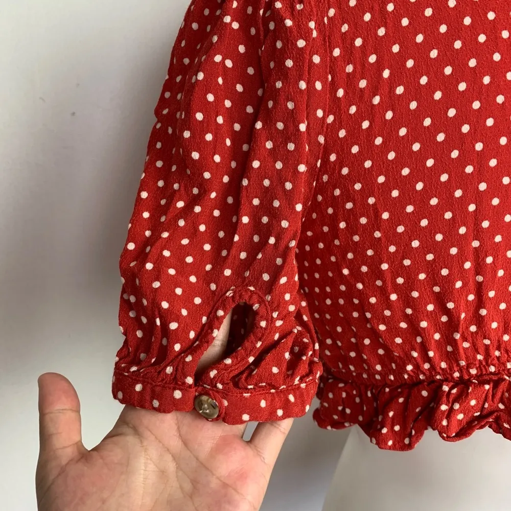 Urban Outfitters Red and White polka dot Square Neck Tie Front Top size XS - Image 6