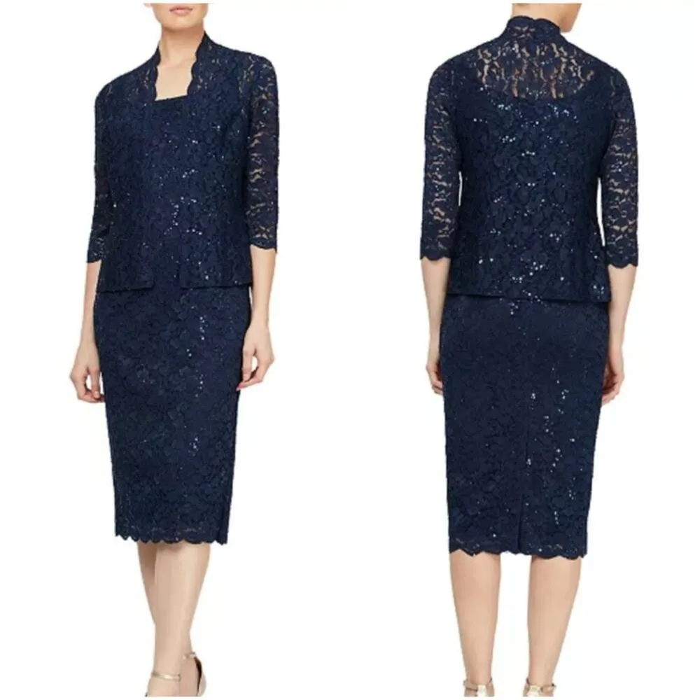 SLNY Jacket Dress 2 Piece Sheath Navy Blue Stretch Lace Women’s Plus Size 14 - Image 14