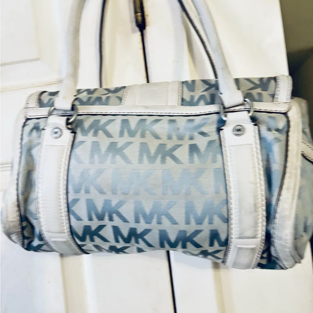 Michael Kors Baby Blue and White Monogram Canvas Leather Shoulder Handbag - Image 2