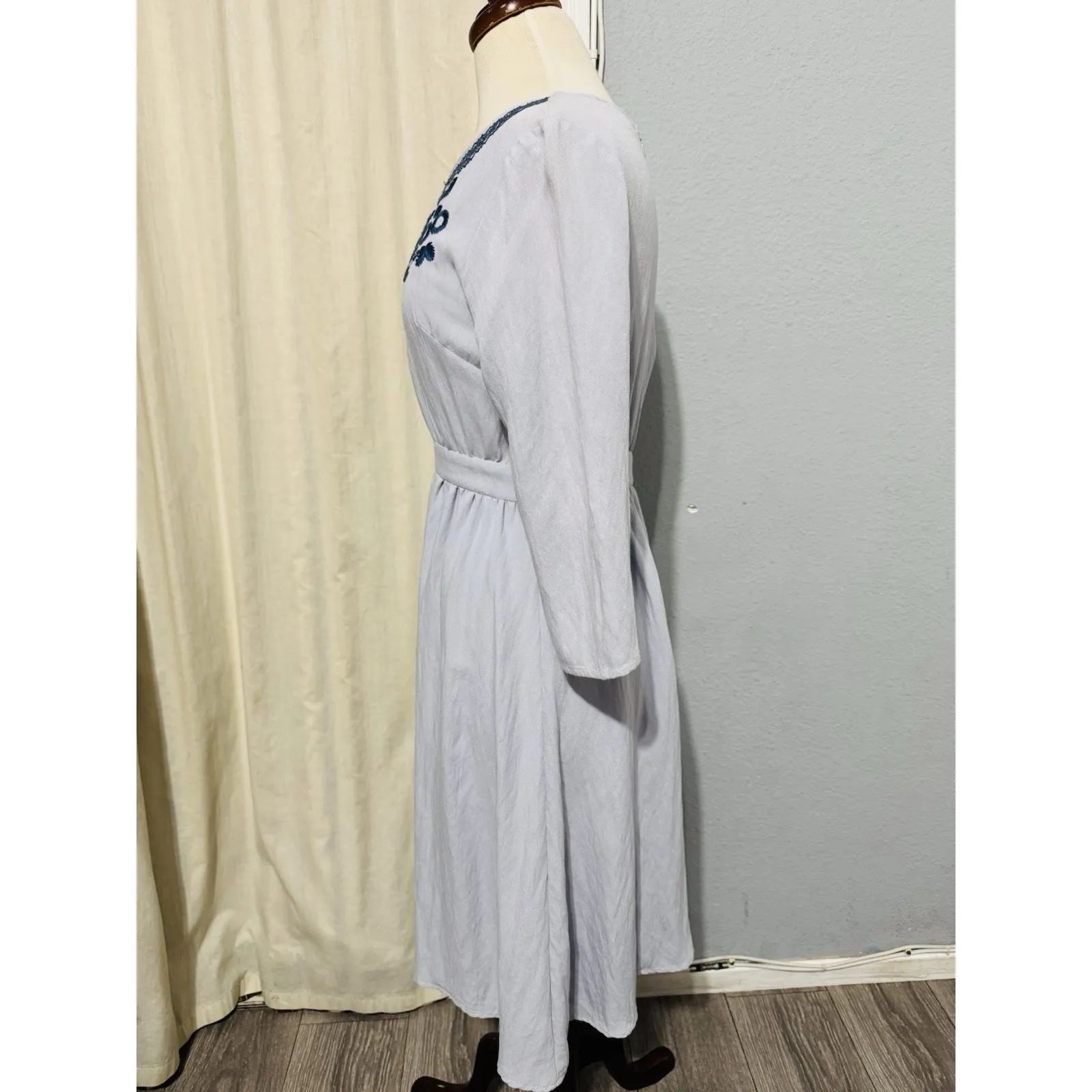 Polagram Light Blue Embroidery Long Sleeves Cottagecore Peasant Zippered Dress S - Image 6