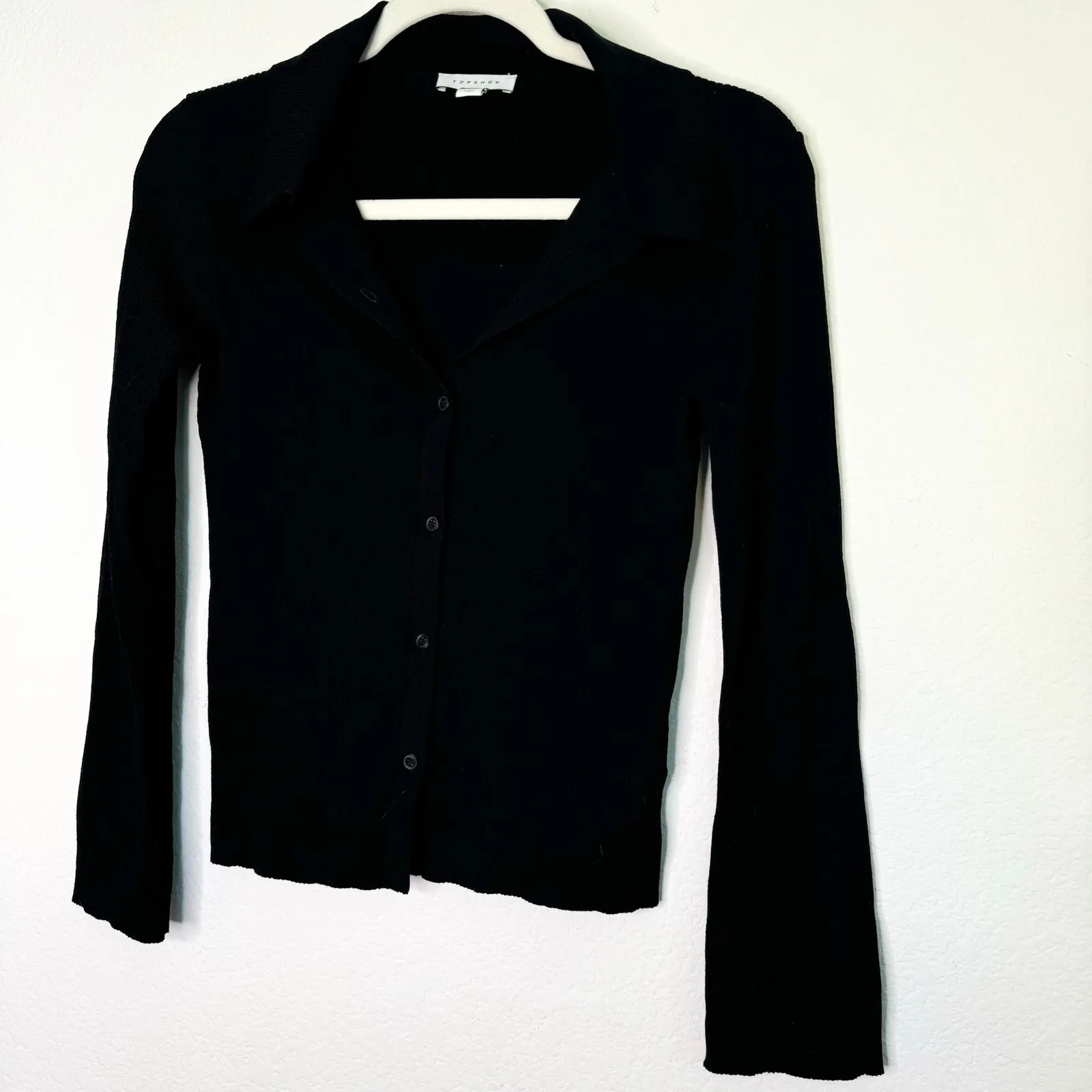 Topshop Black Ribbed Button Front Top - Image 5