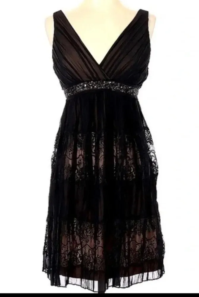 BCBGMAXAZRIA Black Nude Mesh Lace Sequin Silk Cocktail Party Dress Size 2 XS - Image 8