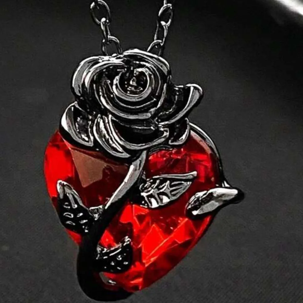 Gorgeous red ruby like stone set in black metal rose and chain! New - Image 2
