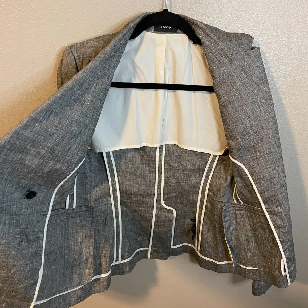 THEORY LINEN Blend Women DBL Breasted Blazer Sharkskin 10403101 Sz 4 Career Work - Image 7