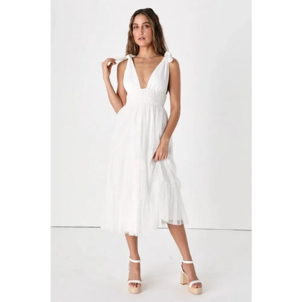💕LULU'S💕 Tier's To Us White Swiss Dot Tie Strap Tiered Midi Dress ~ Small NWOT - Image 3