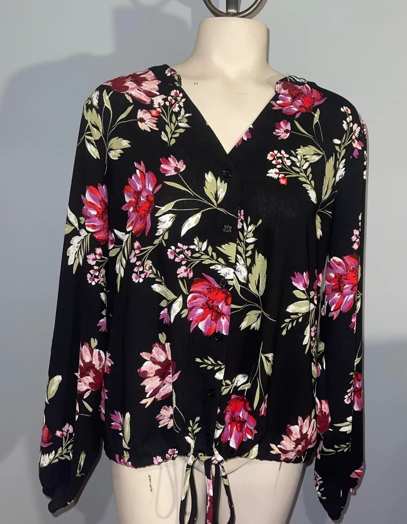 Apt. 9 Black and Pink Floral Button-Up Blouse cinched waist top shirt medium - Image 1