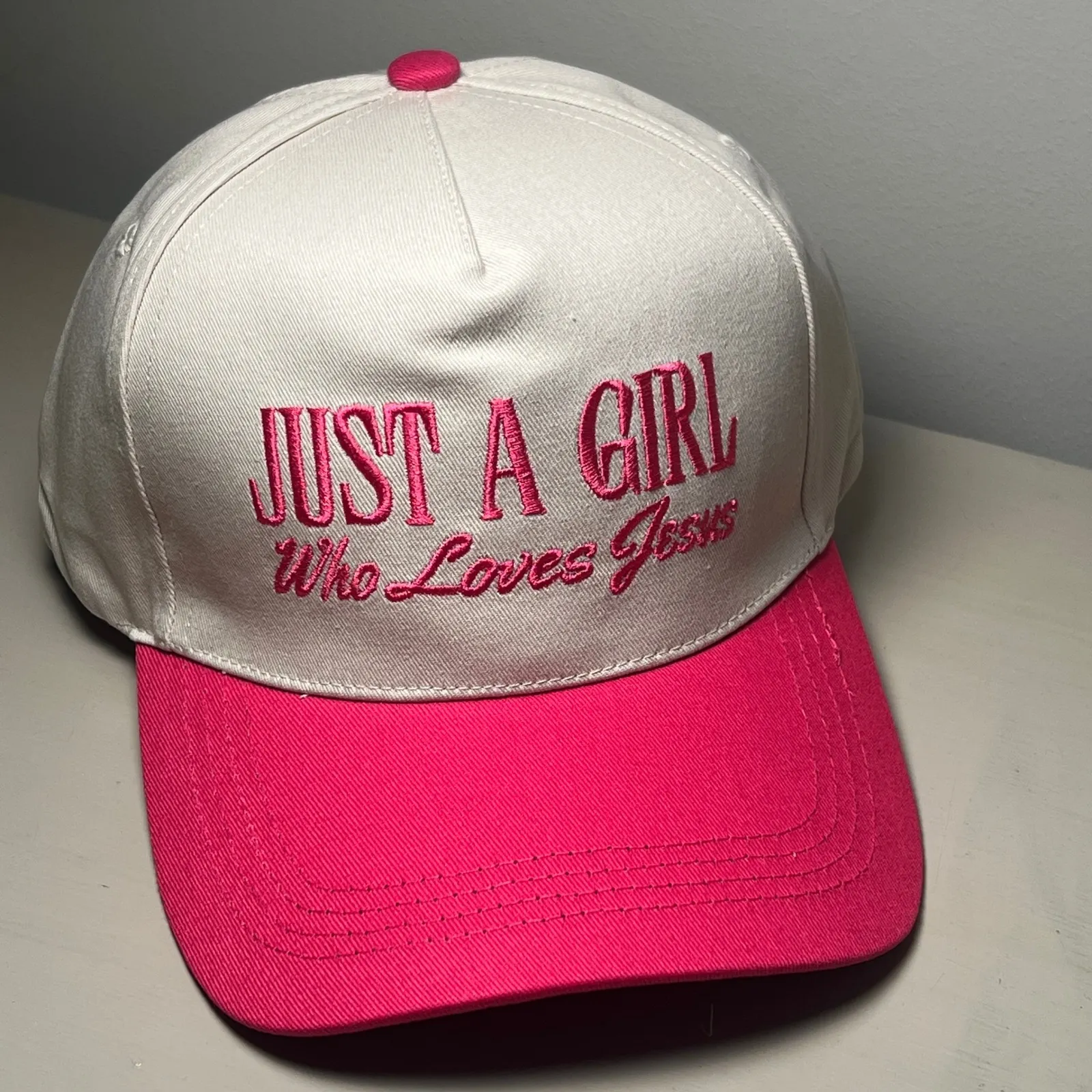 Just A Girl Who Loves Jesus Women's Beige Fuchsia Embroidered Baseball Cap Hat - Image 5