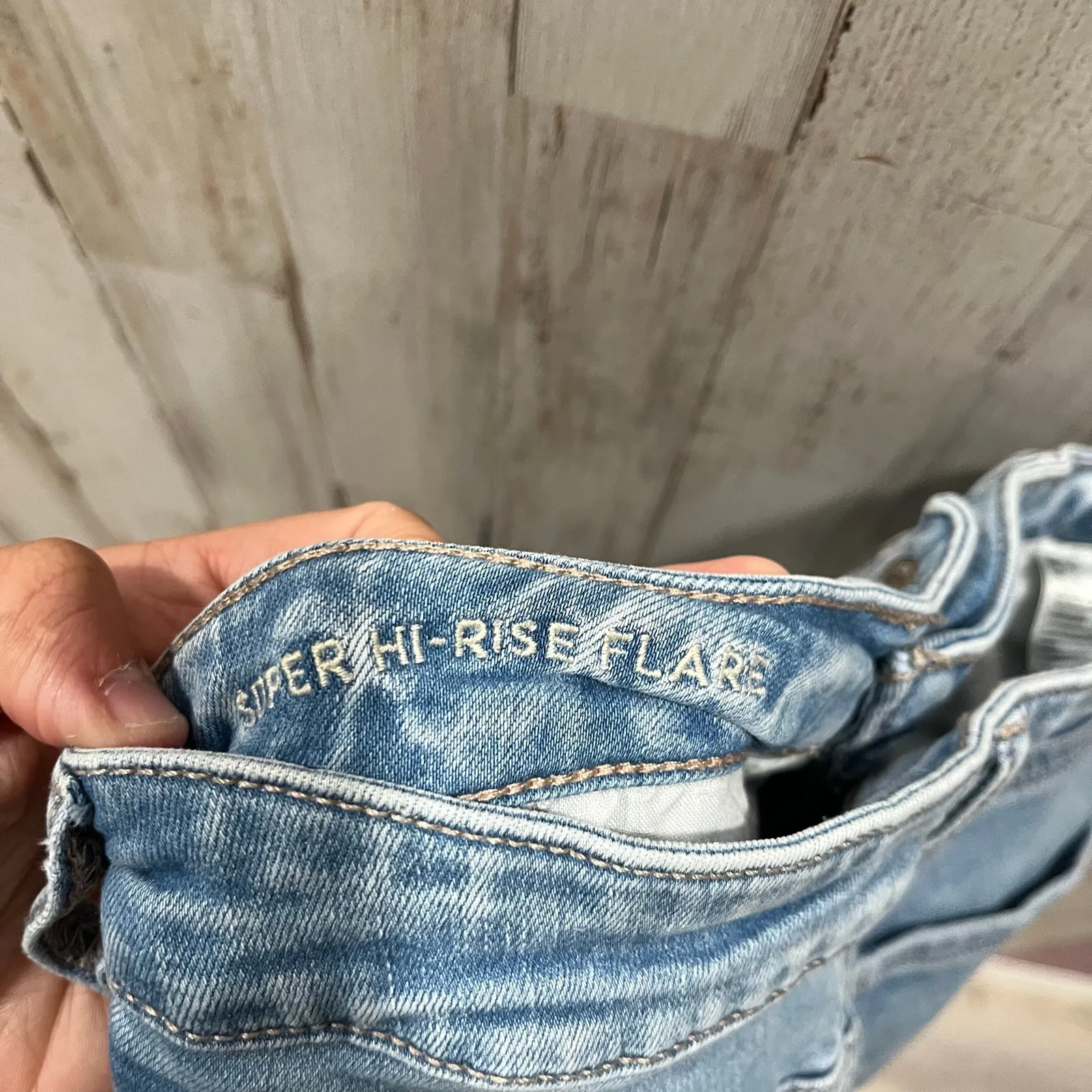 American Eagle Super Hi Rise Flare Peekaboo Lace Pocket Distressed Jeans Size 6 - Image 5